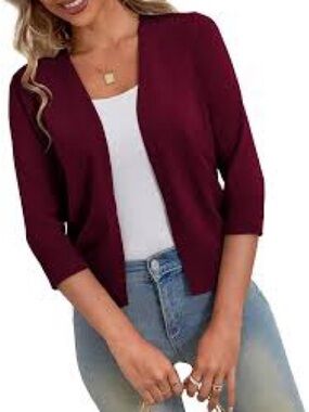 Women’s Open Front 3/4 Sleeve Sweater Cardigan - Burgundy. Large